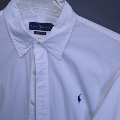 Ralph Lauren Mens XL Bermuda Poplin Button Down Shirt White Long Sleeve Blue Pony