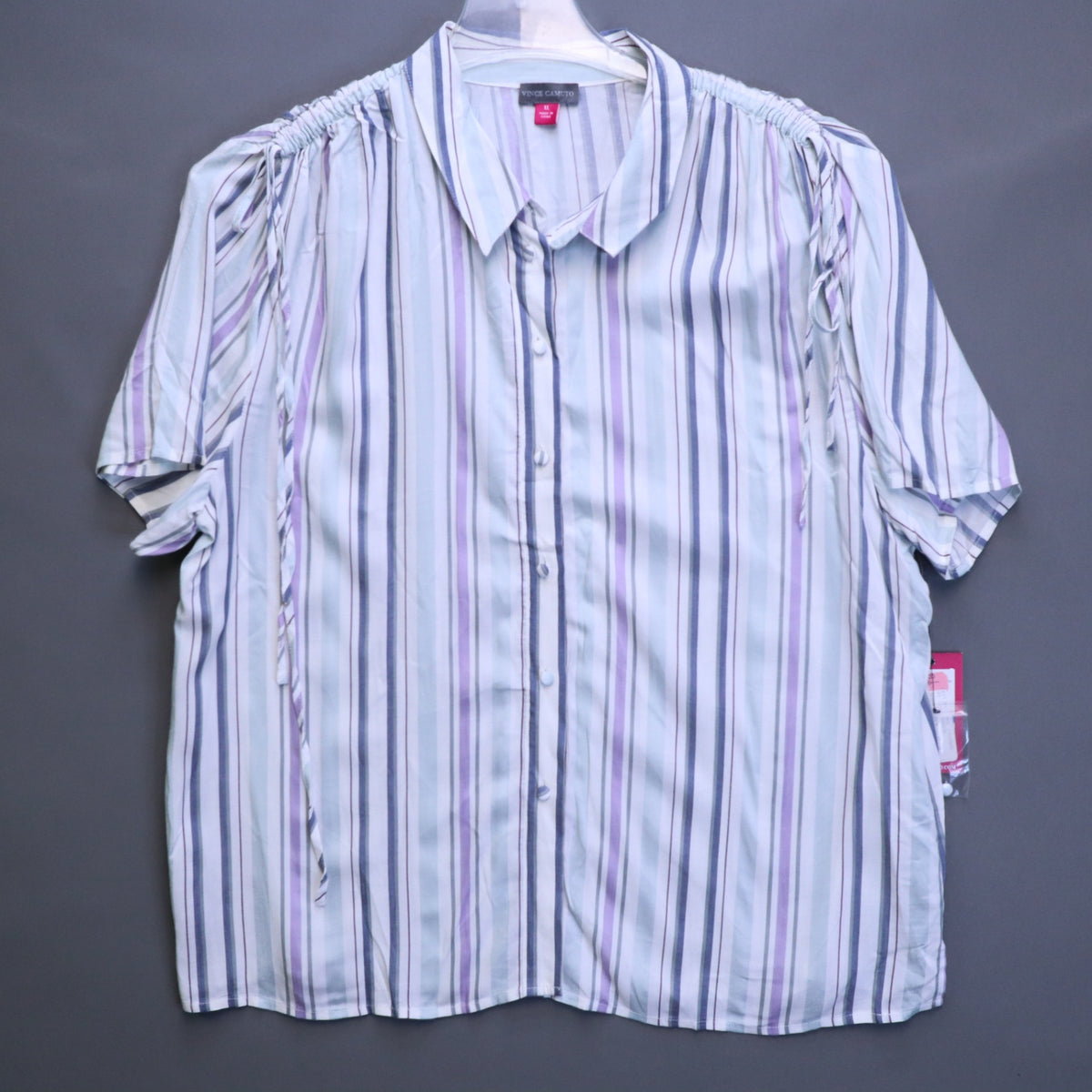 NWT Vince Camuto Womens XL Striped Short Sleeve Ruched Shoulder Blouse Top $99