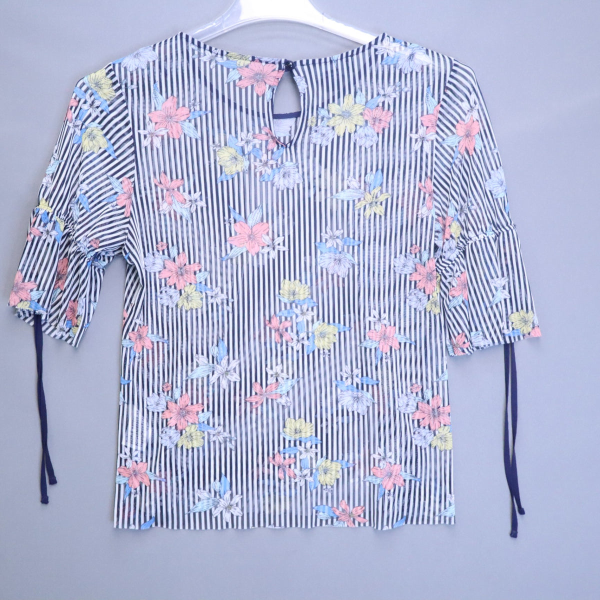 Attention Sheer Mesh Striped Floral Blouse Womens Small Tie Sleeve Keyhole Top S