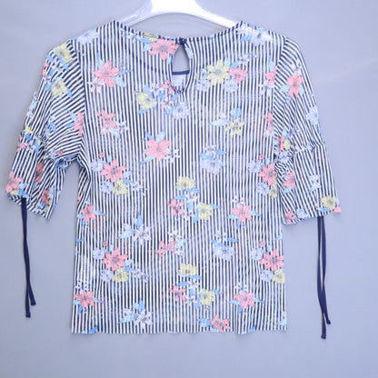 Attention Sheer Mesh Striped Floral Blouse Womens Small Tie Sleeve Keyhole Top S