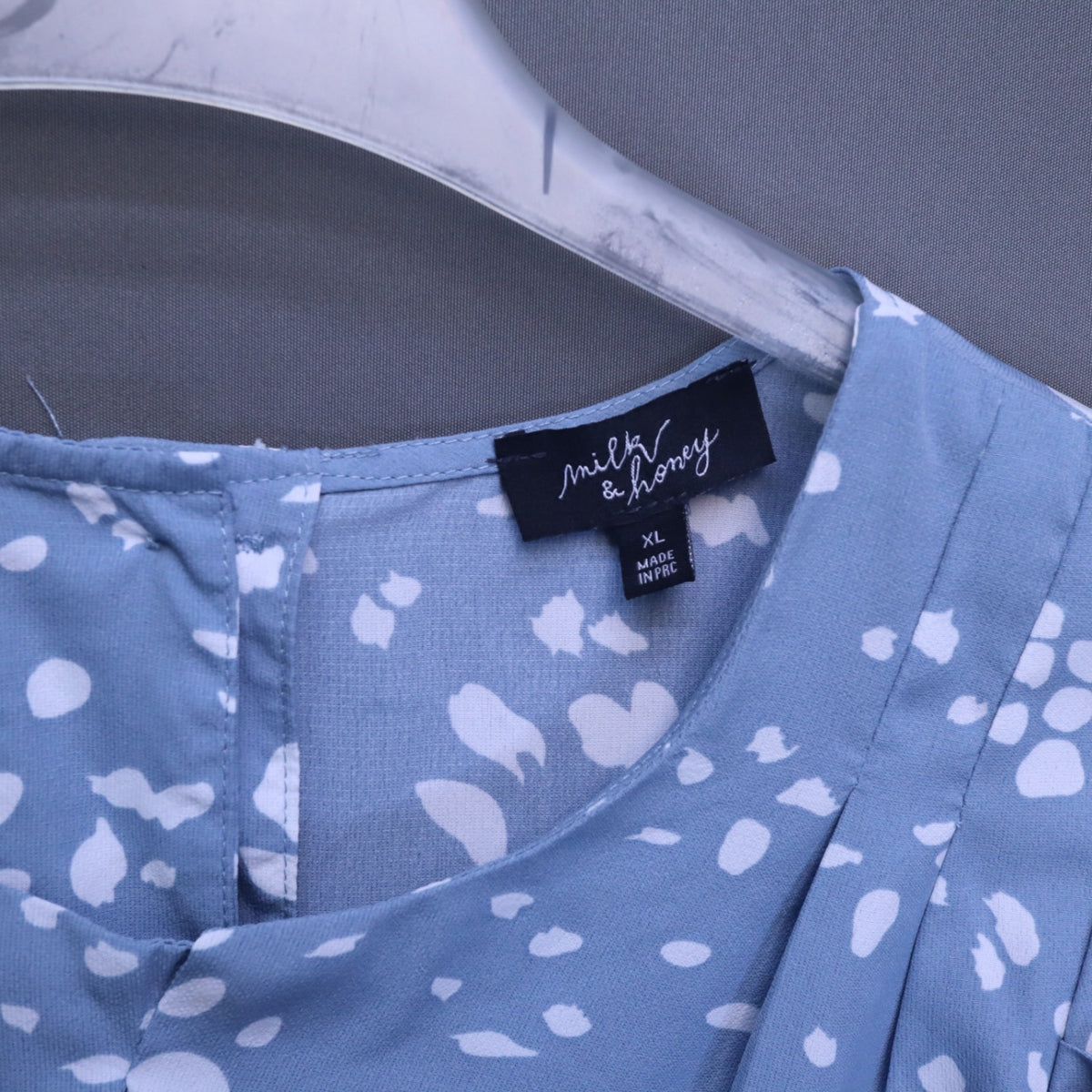 Milk & Honey Blue Polka Dot Puff Sleeve Blouse Womens XL Tie Front Button Back