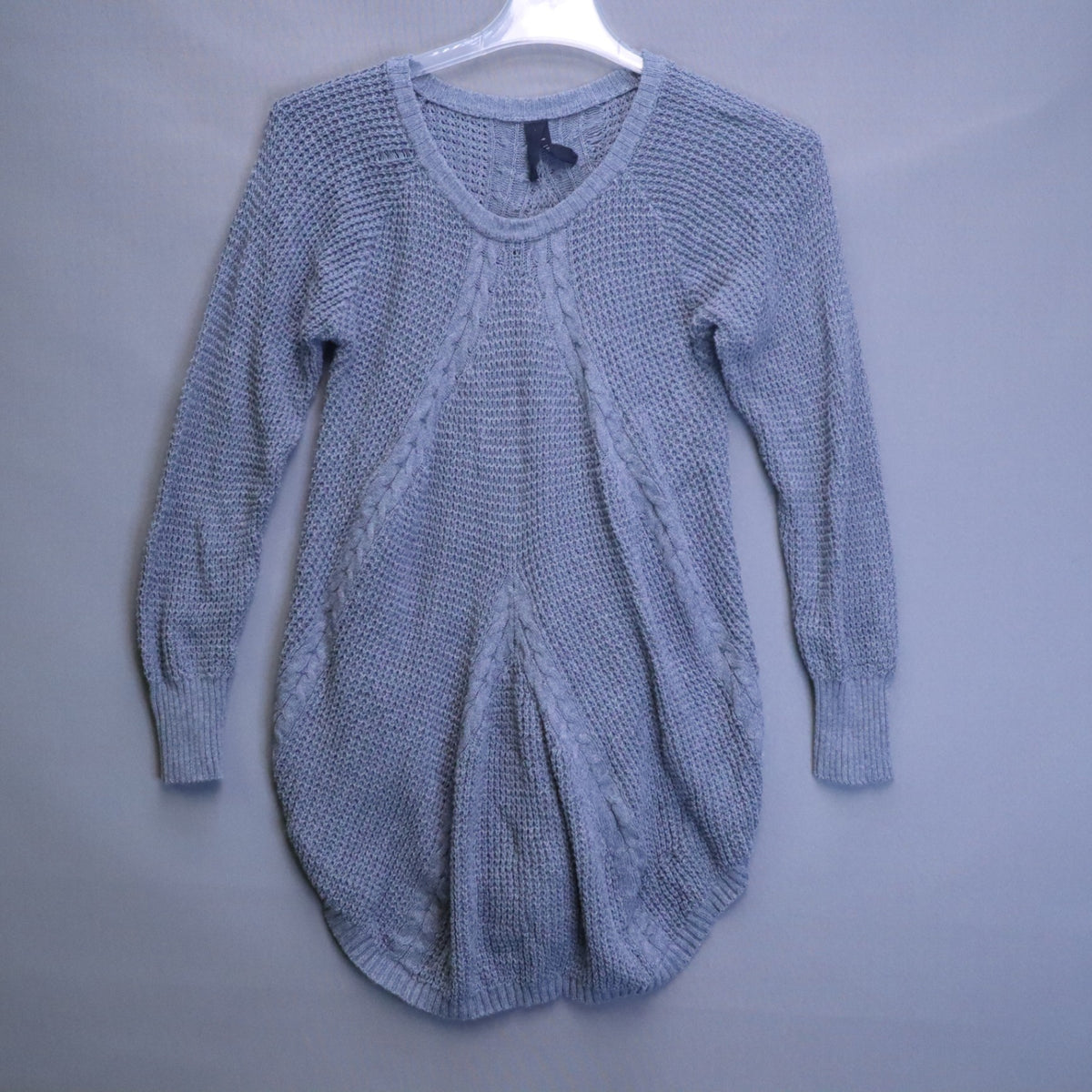Grey Textured Knit Cocoon Tunic Sweater Womens Medium Cable Accent High Low Hem