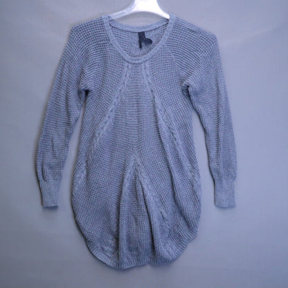 Grey Textured Knit Cocoon Tunic Sweater Womens Medium Cable Accent High Low Hem