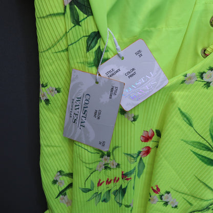NWT Coastal Waves Neon Lime Green Ribbed Floral Lace Up One-Piece Swimsuit 3X