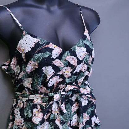 NWT Express Womens XL Black Floral Eyelet Romper Tie Waist Tiered Camisole $98