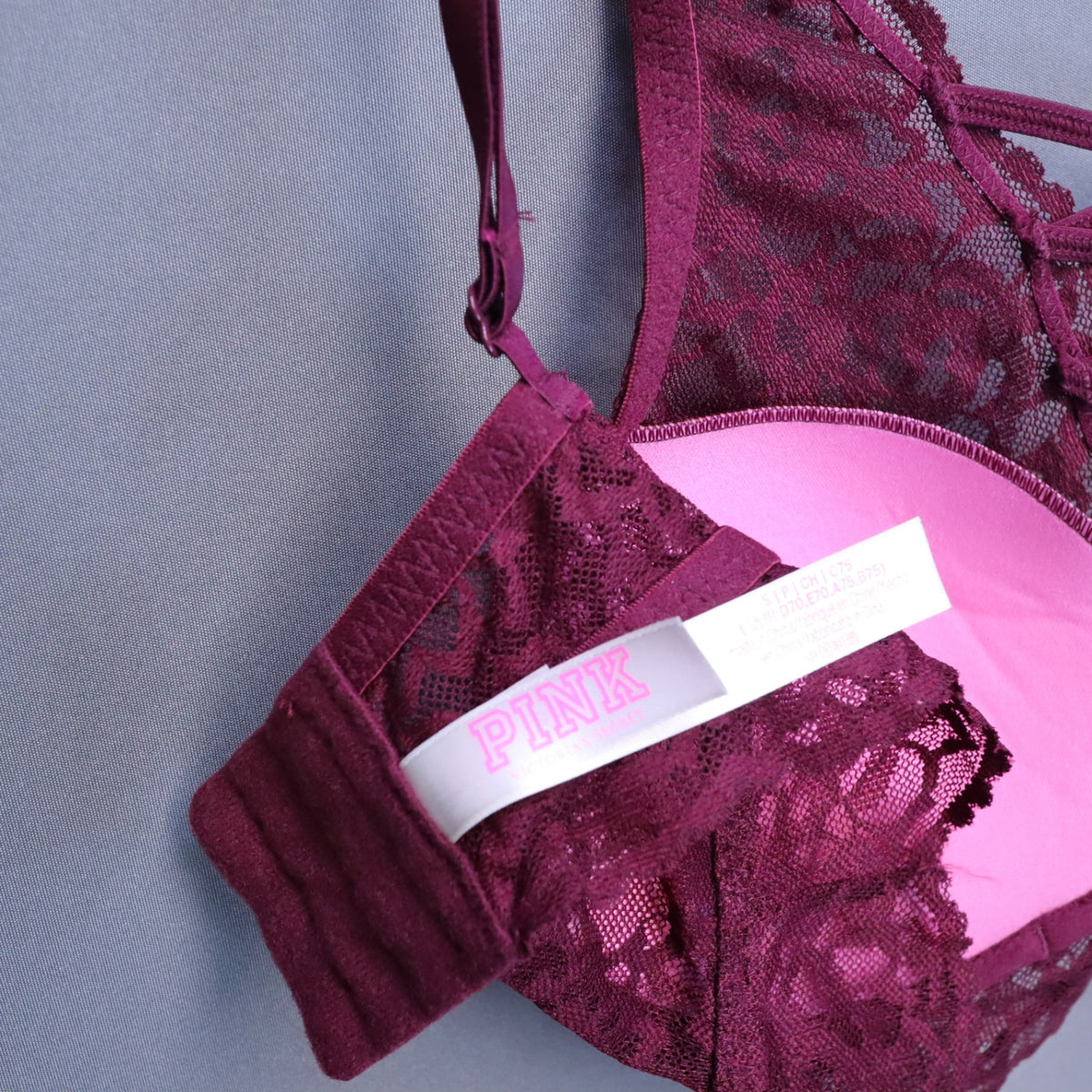 PINK Victoria's Secret Maroon Burgundy Lace Crisscross Push-Up Bralette Small