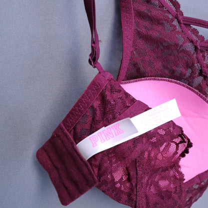 PINK Victoria's Secret Maroon Burgundy Lace Crisscross Push-Up Bralette Small