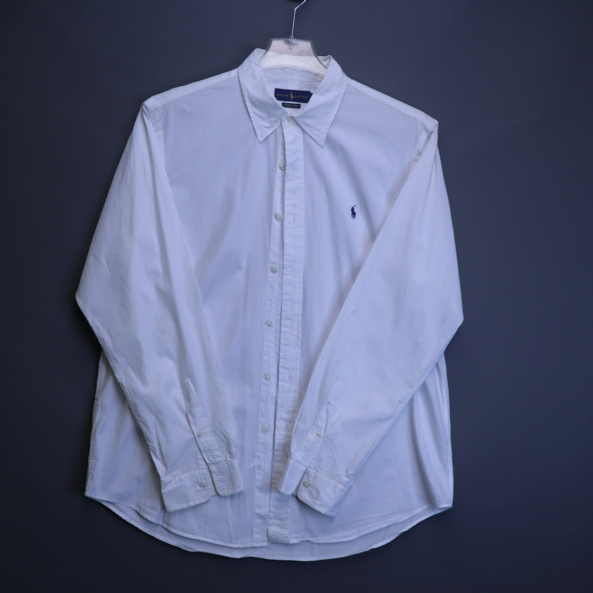 Ralph Lauren Mens XL Bermuda Poplin Button Down Shirt White Long Sleeve Blue Pony