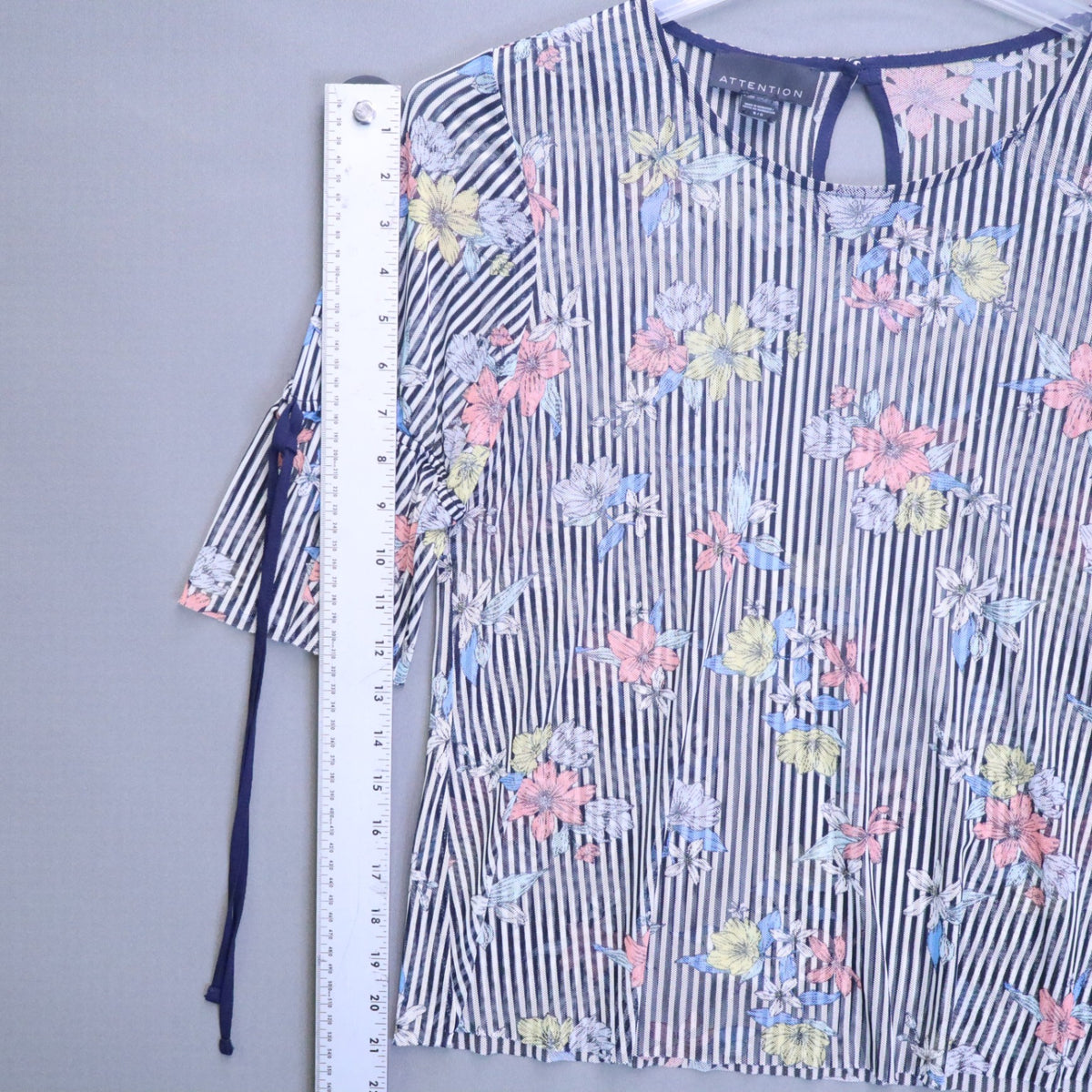 Attention Sheer Mesh Striped Floral Blouse Womens Small Tie Sleeve Keyhole Top S