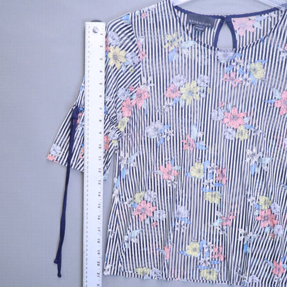 Attention Sheer Mesh Striped Floral Blouse Womens Small Tie Sleeve Keyhole Top S