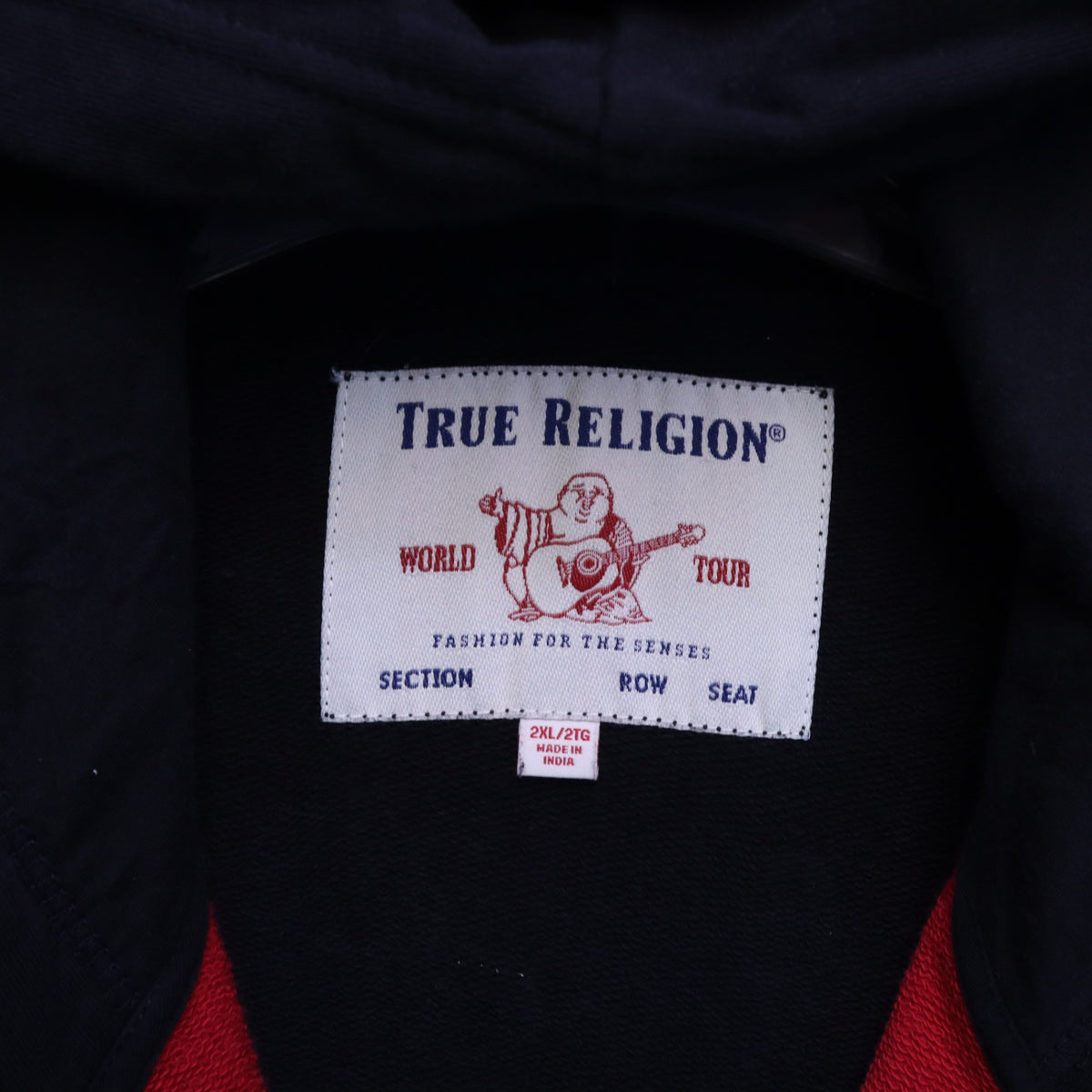 True Religion Mens 2XL Full Zip Hoodie Black Red Stripe Horseshoe Big Logo 2TG