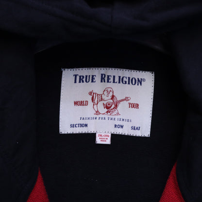 True Religion Mens 2XL Full Zip Hoodie Black Red Stripe Horseshoe Big Logo 2TG