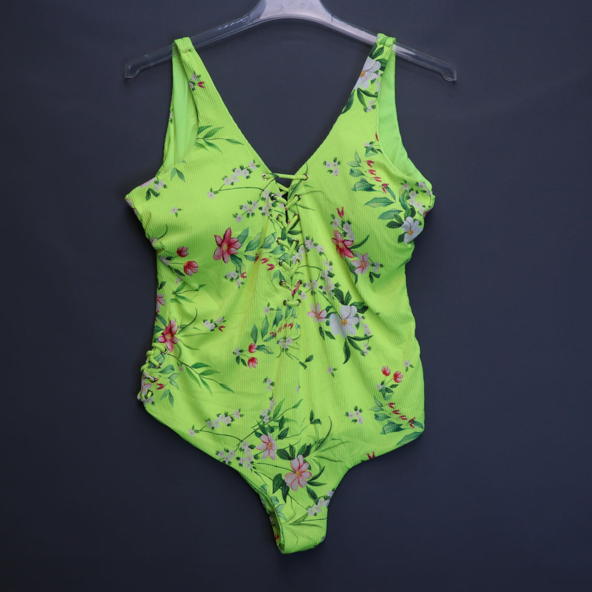 NWT Coastal Waves Neon Lime Green Ribbed Floral Lace Up One-Piece Swimsuit 3X