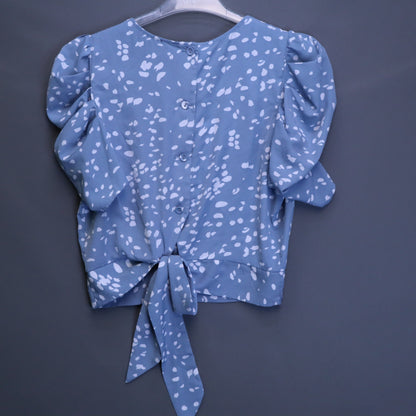 Milk & Honey Blue Polka Dot Puff Sleeve Blouse Womens XL Tie Front Button Back
