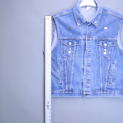 Vintage Western Studded Denim Vest Sleeveless Cutoff Trucker Jacket Hearts Stars