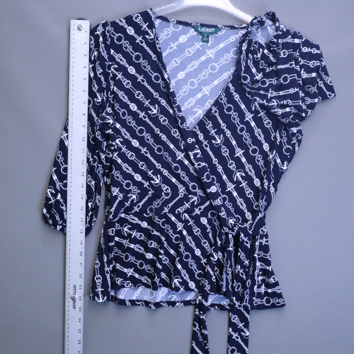 Lauren Ralph Lauren Navy Chain Anchor Nautical Wrap Blouse Womens Medium Tie