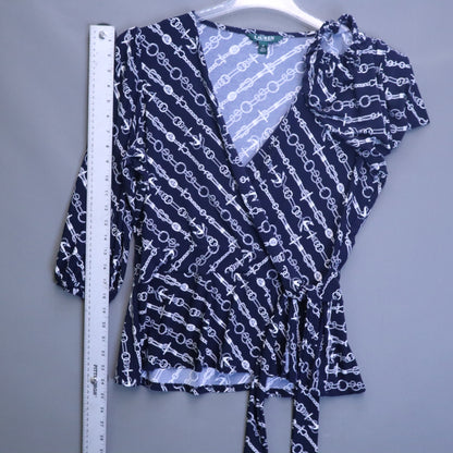 Lauren Ralph Lauren Navy Chain Anchor Nautical Wrap Blouse Womens Medium Tie