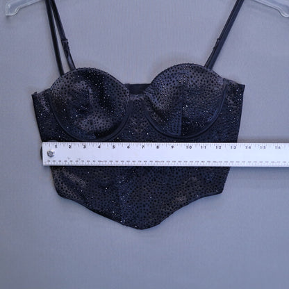 NWT Windsor Black Rhinestone Satin Corset Bustier Crop Top Womens Small $43
