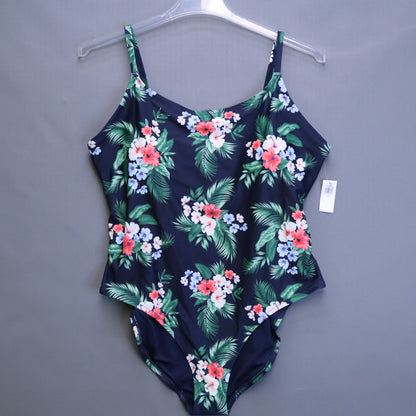 NWT Old Navy Womens 2X Tropical Hibiscus One Piece Swimsuit Navy Blue Floral Plus
