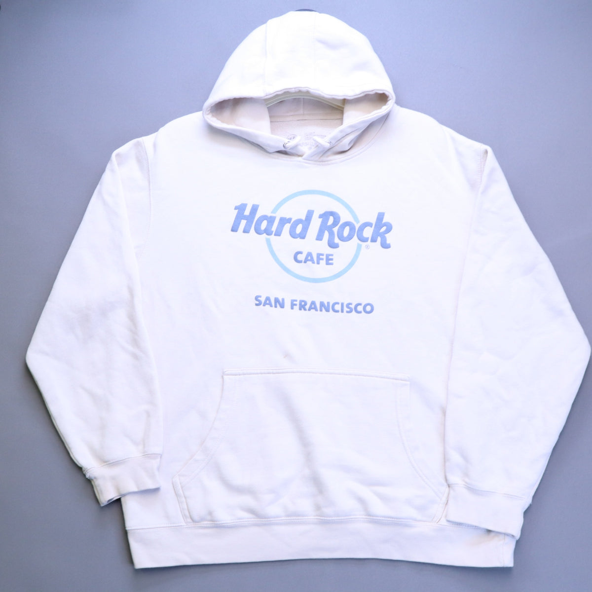 Hard Rock Cafe San Francisco Hoodie XL Cream Pastel Blue Graphic Logo Sweatshirt