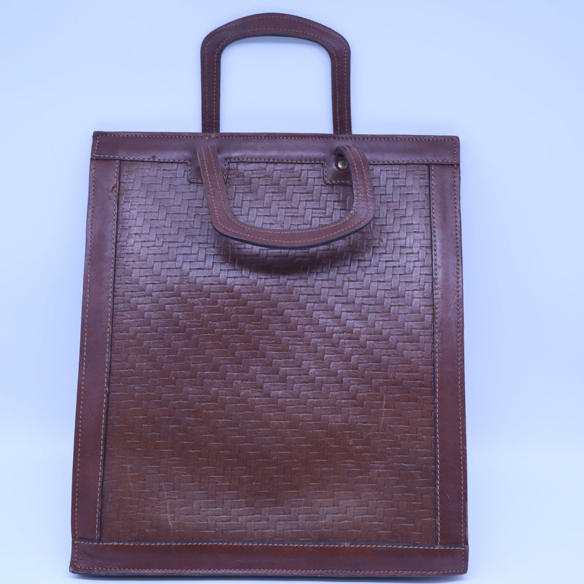 Vintage Woven Tooled Brown Leather Book Tote Bag Structured Document Portfolio