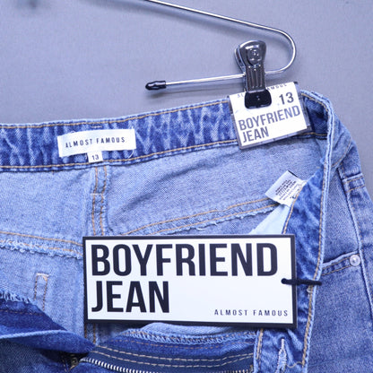 NWT Almost Famous Boyfriend Jeans Size 13 Distressed Raw Hem High Rise Denim