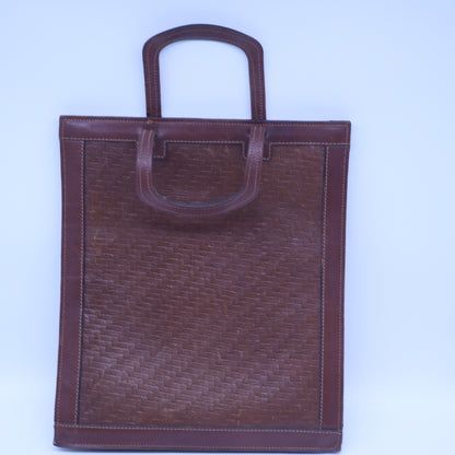 Vintage Woven Tooled Brown Leather Book Tote Bag Structured Document Portfolio