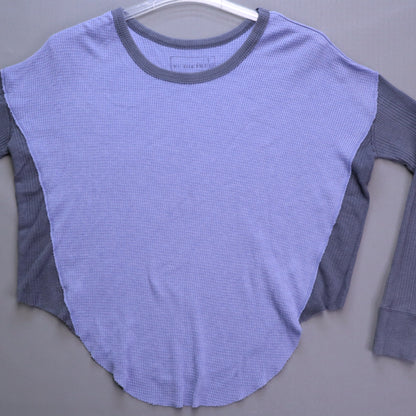 Free People We The Free Thermal Top XS Blue Gray Colorblock Raw Hem Slouchy