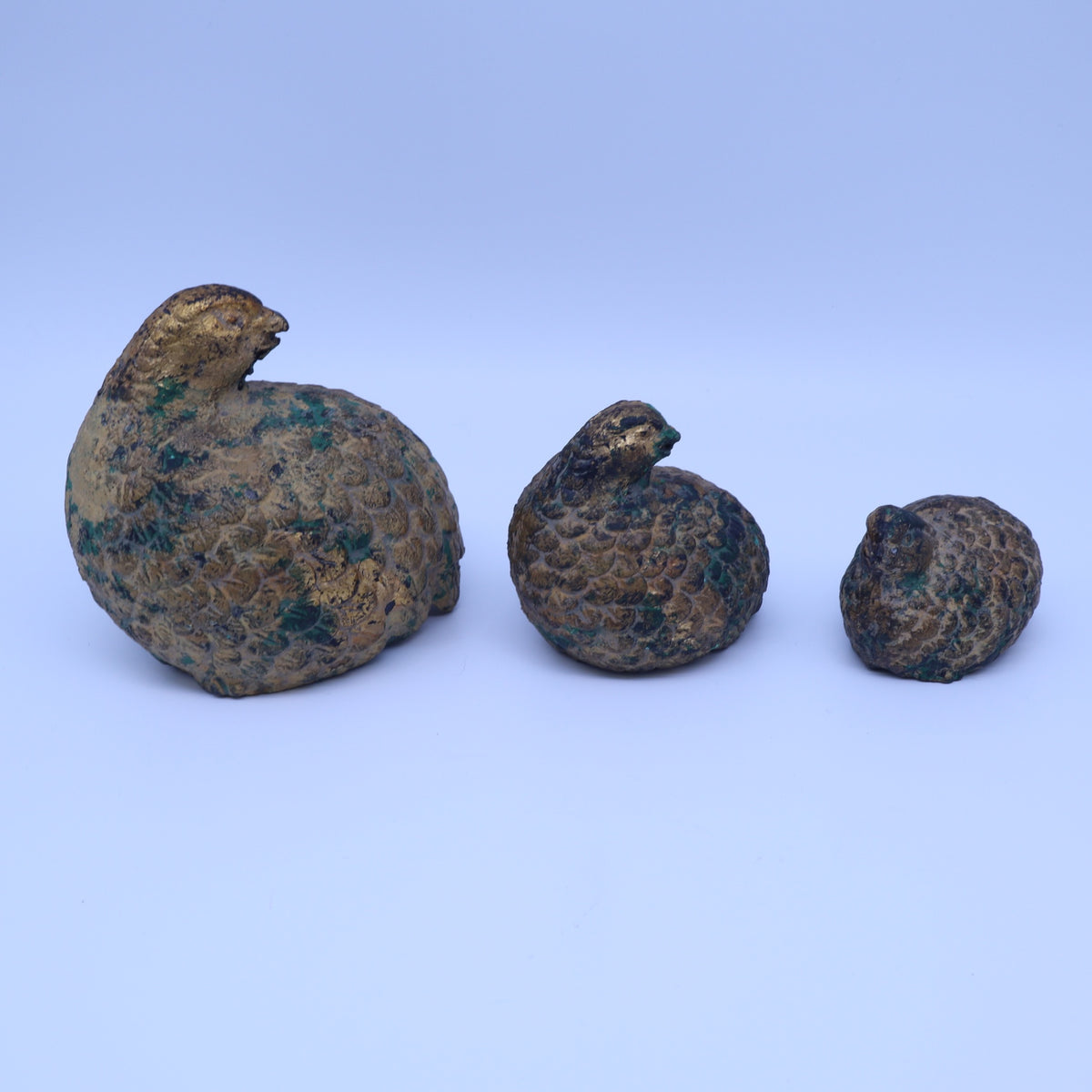 Vintage Verdigris Brass Quail Bird Figurines Set of 3 Nesting Partridge Family