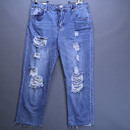 NWT Almost Famous Boyfriend Jeans Size 13 Distressed Raw Hem High Rise Denim