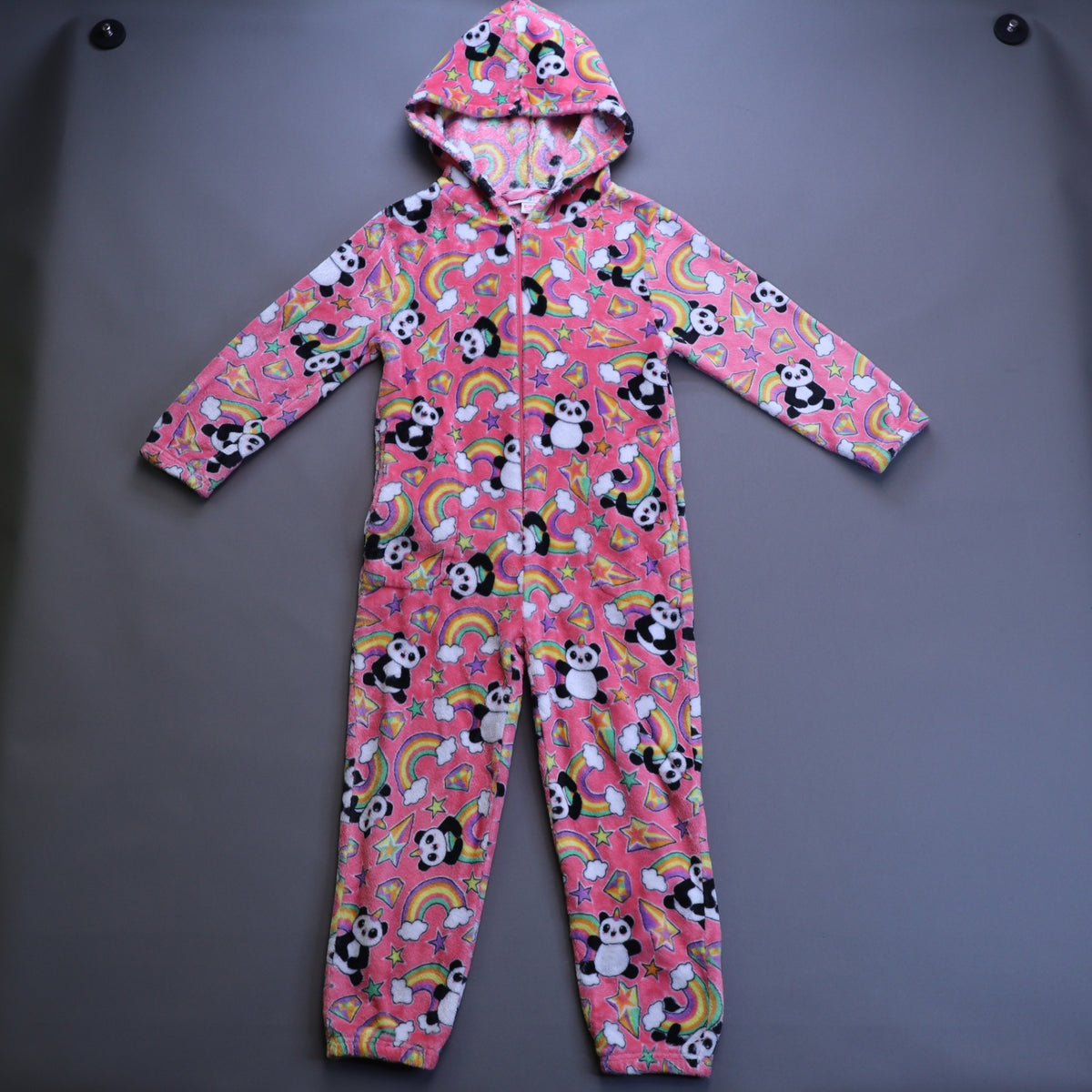 Candy Pink Girls Hooded Fleece Sleeper 6/6X Pandacorn Rainbow Union Suit Pajamas
