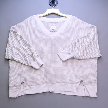 American Eagle Waffle Knit Thermal Sweater XL Beige V-Neck Slouchy Oversized