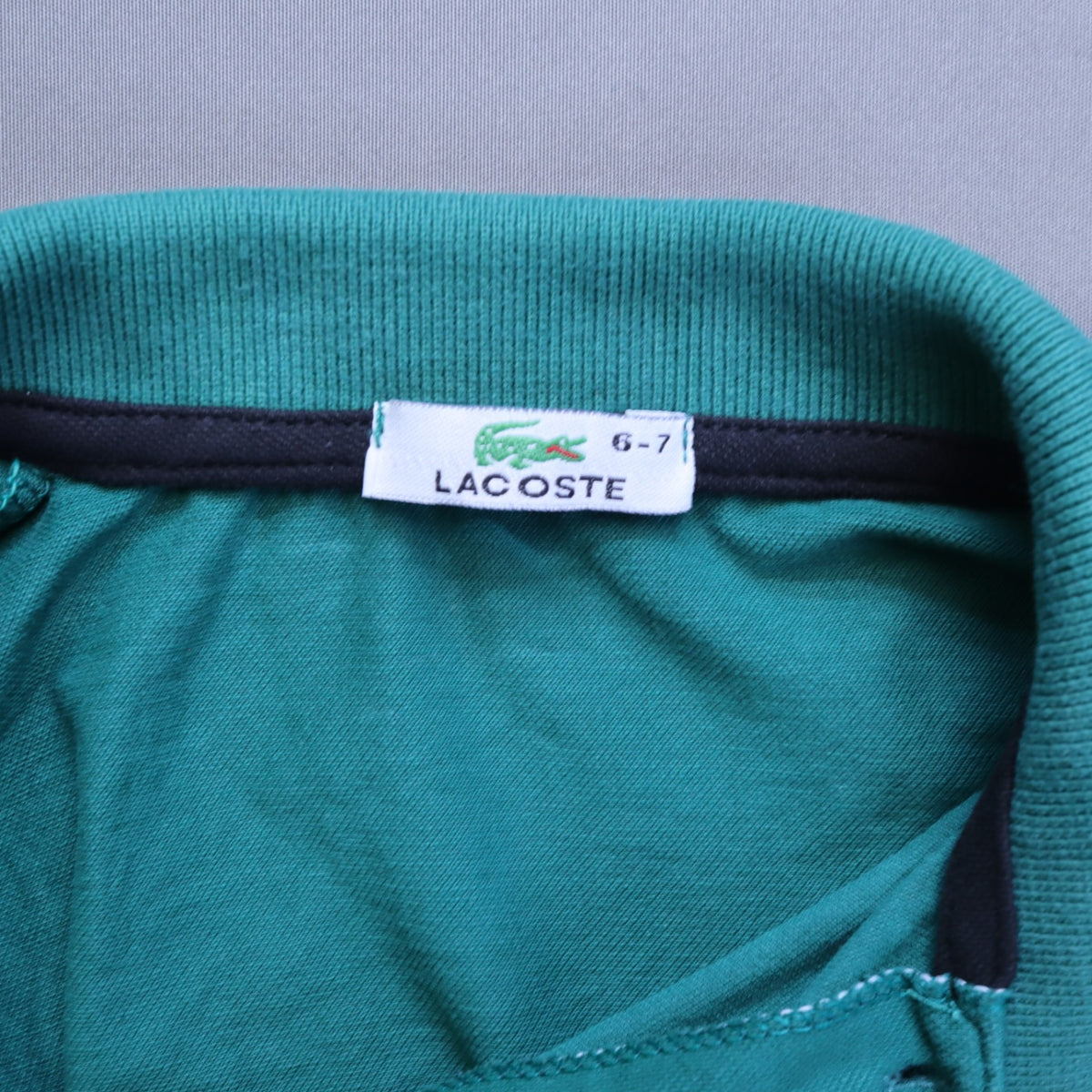 Lacoste Boys Polo Shirt Size 6-7 Green Big Spellout Logo Crocodile Cotton Pique
