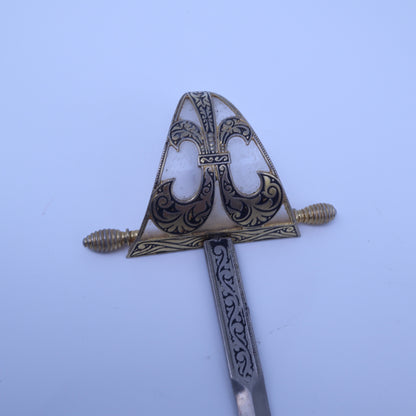 Vintage Toledo Spain Damascene Letter Opener Rapier Sword Fleur De Lis Gold