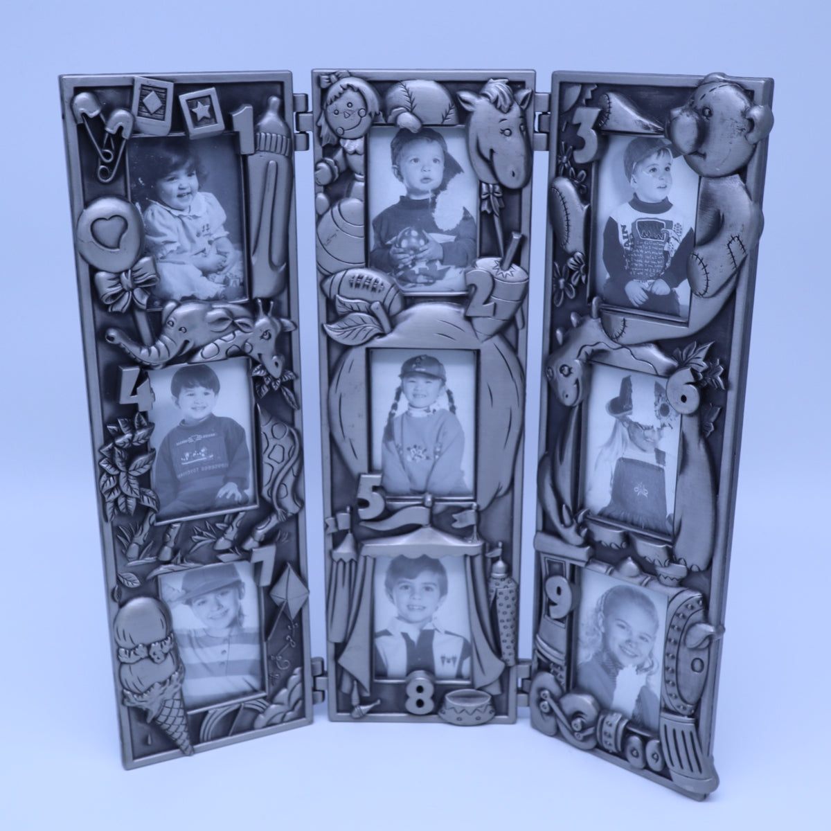 Vintage Pewter School Years 1-9 Collage Picture Frame Folding Triptych Nursery