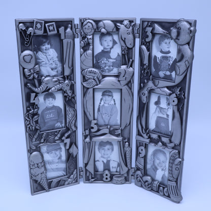 Vintage Pewter School Years 1-9 Collage Picture Frame Folding Triptych Nursery