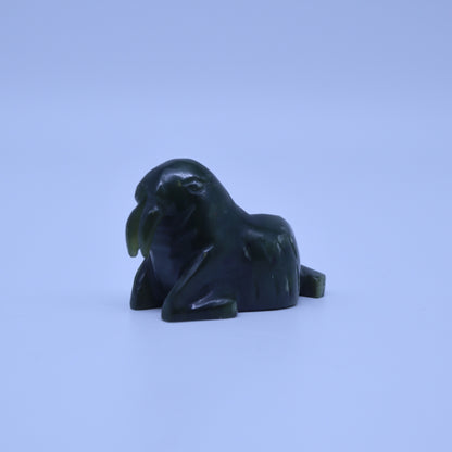 Inuit Hand Carved Canadian Dark Green Nephrite Jade Soapstone Walrus Figurine