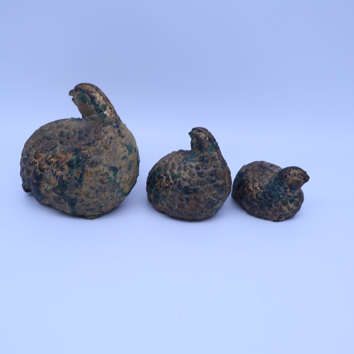 Vintage Verdigris Brass Quail Bird Figurines Set of 3 Nesting Partridge Family