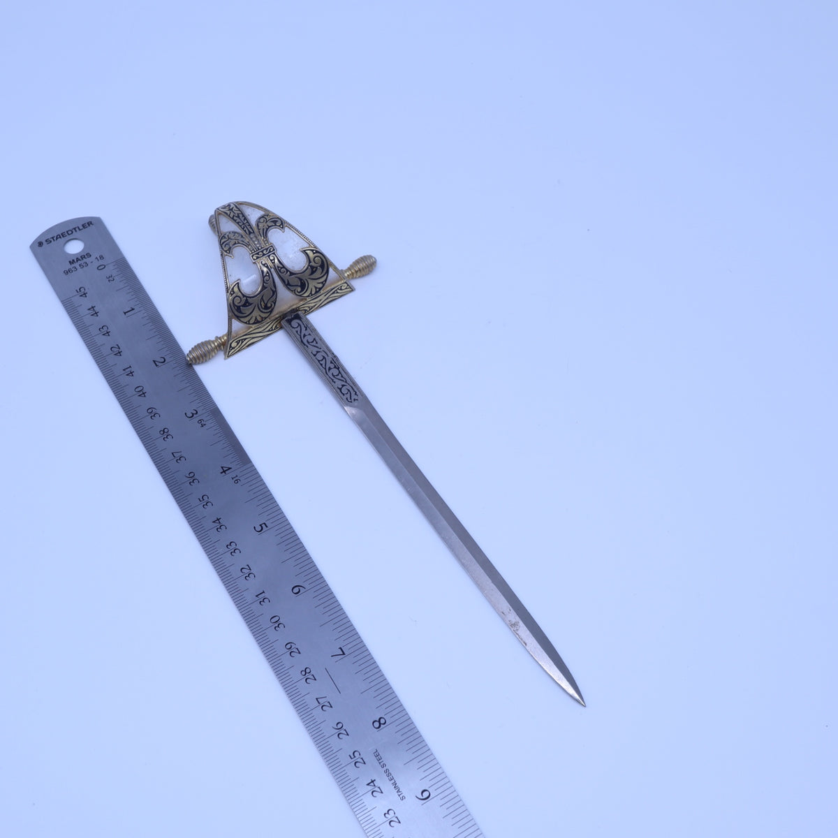 Vintage Toledo Spain Damascene Letter Opener Rapier Sword Fleur De Lis Gold