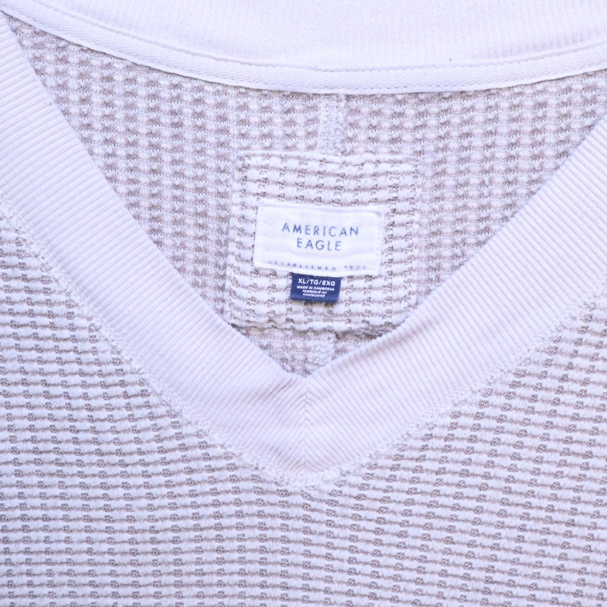 American Eagle Waffle Knit Thermal Sweater XL Beige V-Neck Slouchy Oversized