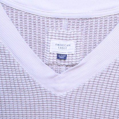 American Eagle Waffle Knit Thermal Sweater XL Beige V-Neck Slouchy Oversized