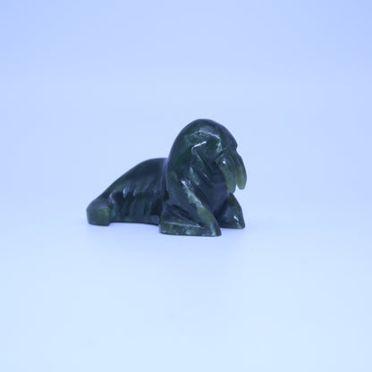 Inuit Hand Carved Canadian Dark Green Nephrite Jade Soapstone Walrus Figurine