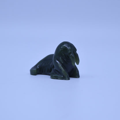 Inuit Hand Carved Canadian Dark Green Nephrite Jade Soapstone Walrus Figurine