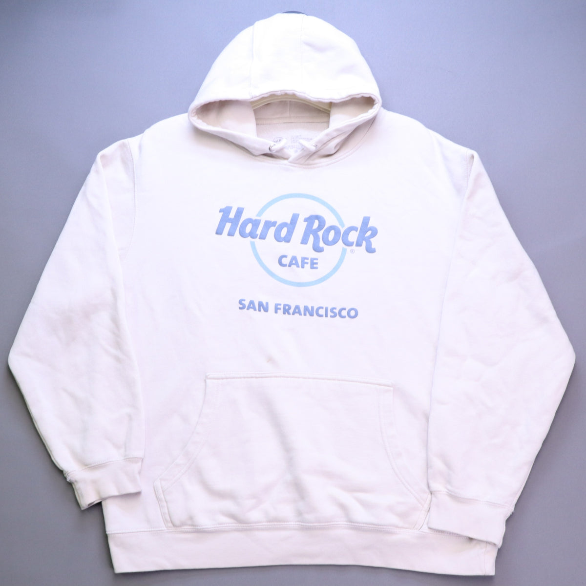 Hard Rock Cafe San Francisco Hoodie XL Cream Pastel Blue Graphic Logo Sweatshirt
