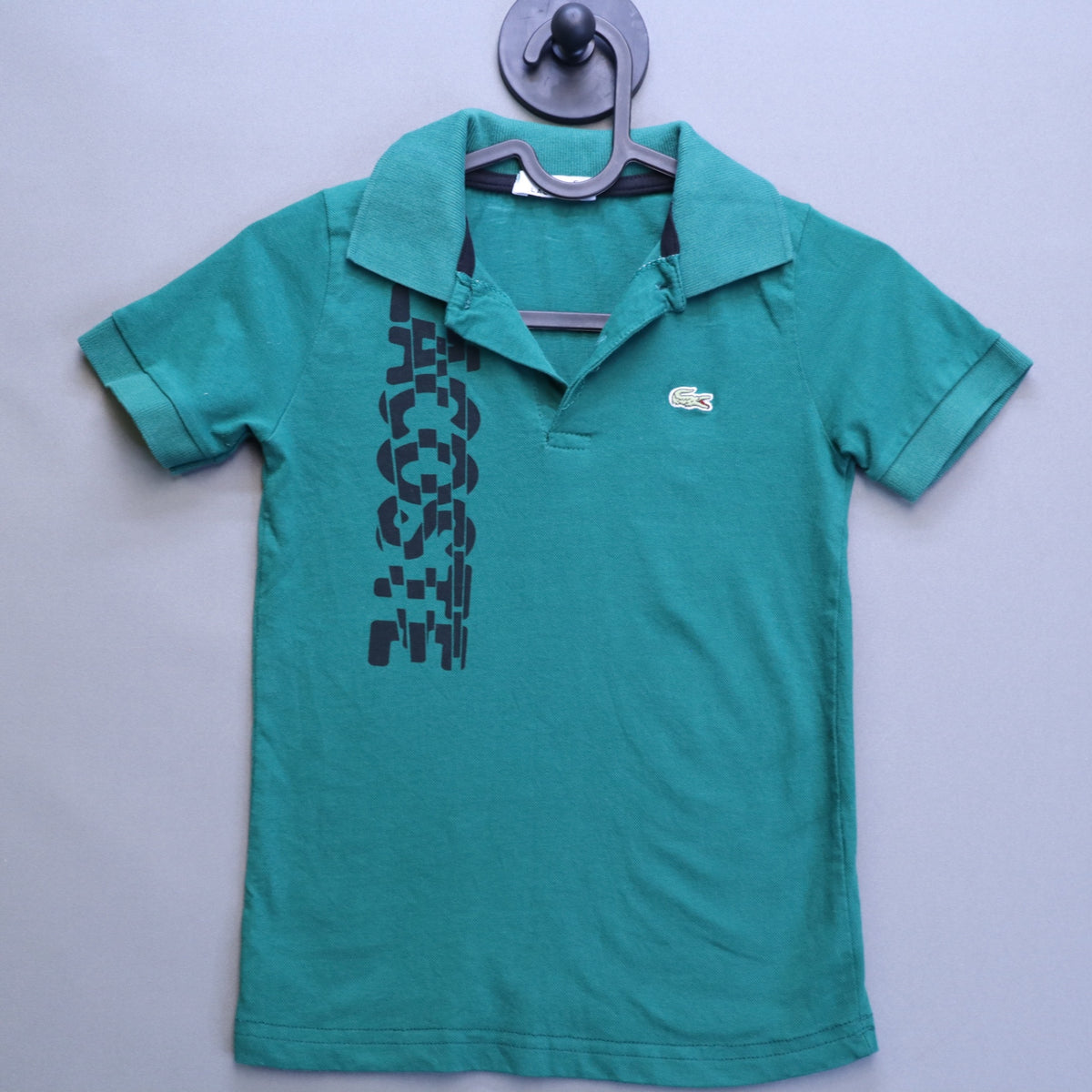 Lacoste Boys Polo Shirt Size 6-7 Green Big Spellout Logo Crocodile Cotton Pique
