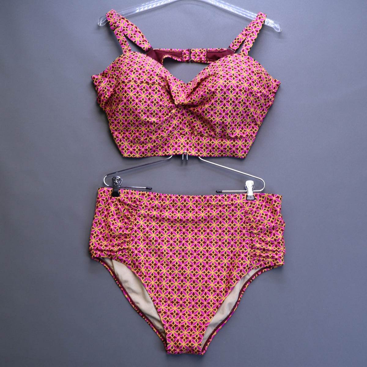 Old Navy Bikini Set 3X Top 2X Bottom Geometric Pink Orange High Waist Swimsuit