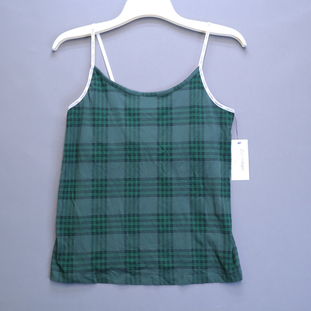 NWT Calvin Klein Sleepwear Camisole Top Large Green Plaid Logo Straps Cami Tank