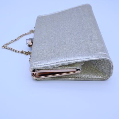 Vintage Gold Metallic Lame Evening Bag Faux Pearl Rhinestone Kisslock Clutch Chain