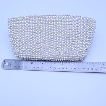Vintage Faux Pearl Beaded Evening Clutch Bag White Zipper Formal Bridal Purse