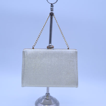 Vintage Gold Metallic Lame Evening Bag Faux Pearl Rhinestone Kisslock Clutch Chain